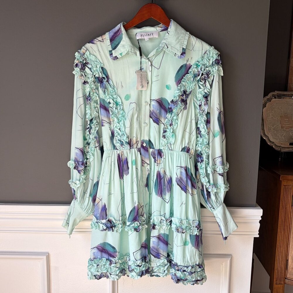 NWT Elliatt Watercolor Floral Sweet Mint Green Shirt Mini Ruffle Dress Size Smal